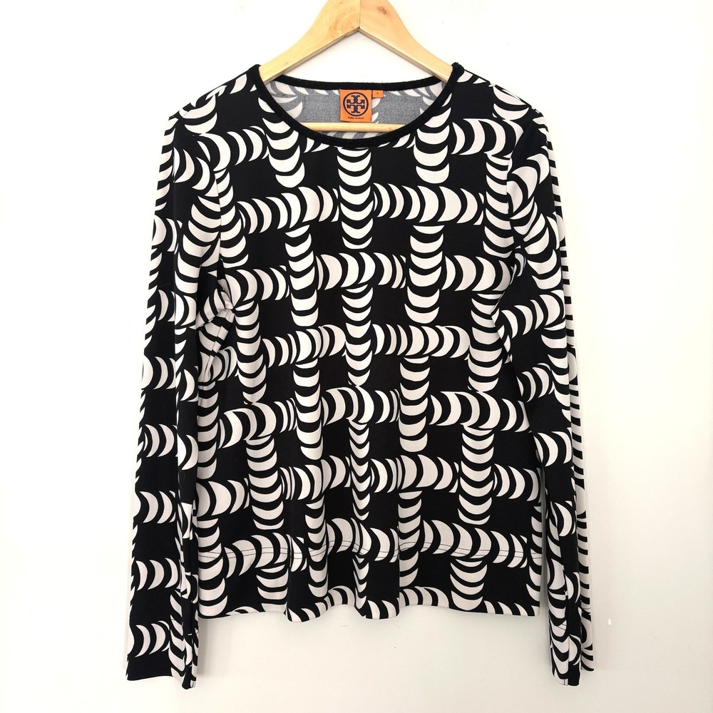 Tory Burch Geometric Print Long Sleeve Top Black White Size L